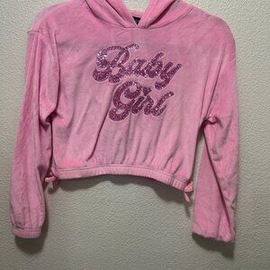 Girls First pink velour cropped hoodie, BABY GIRL in pink sequins, size 10